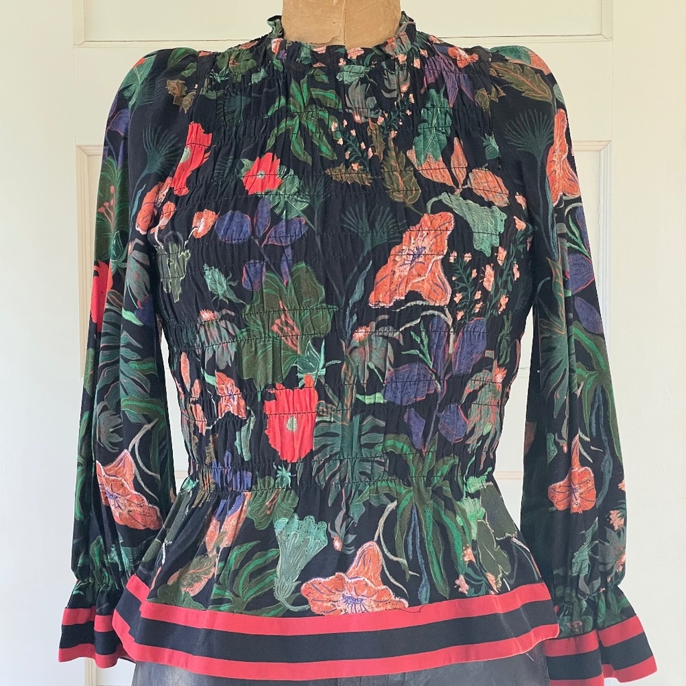 Celina Moon Floral Print Smoked Long Sleeve Top Size Small